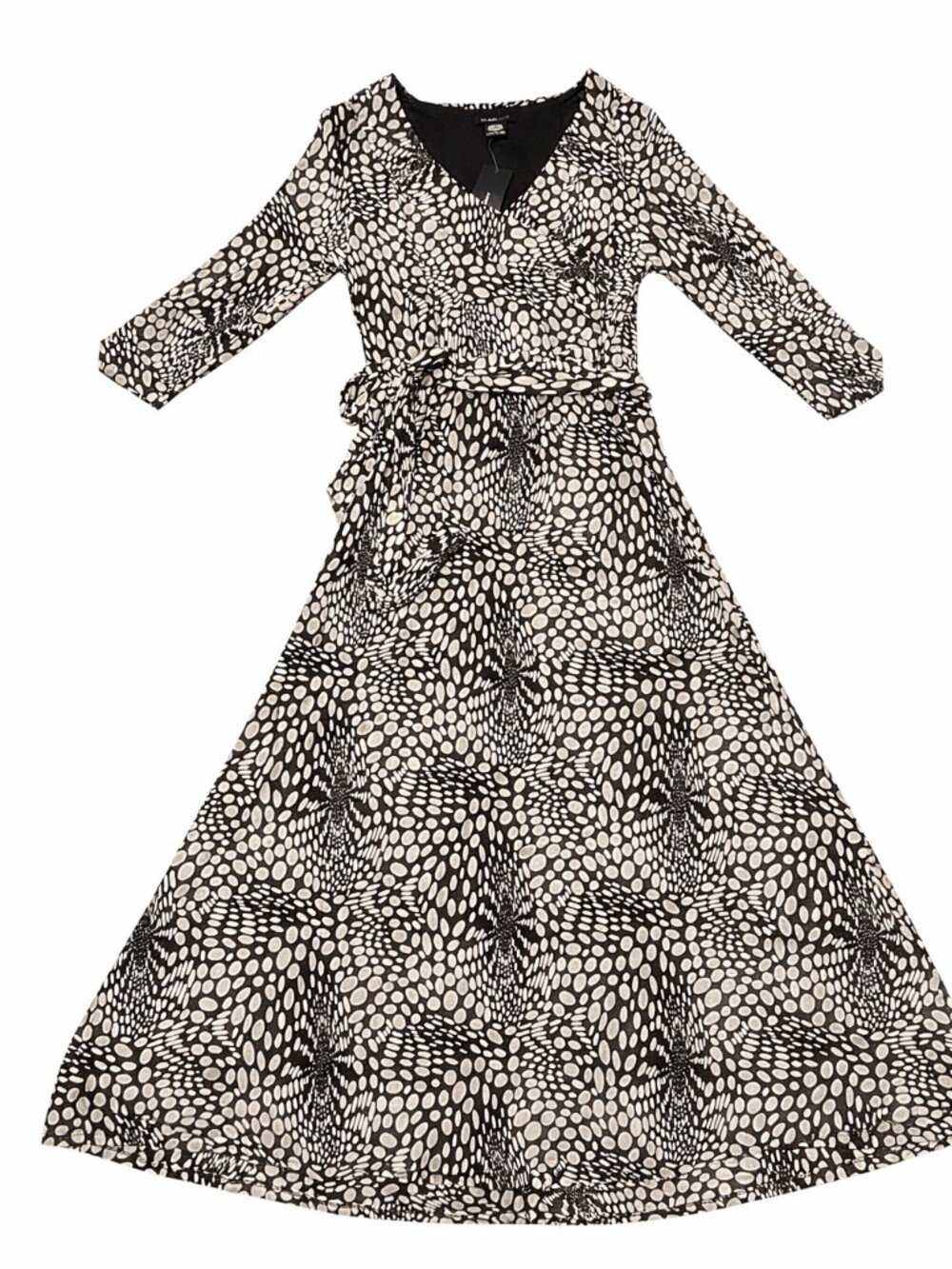Black White Maxi Dress L Wrap Style Elastic Waist Tie Belt - Picture 2 of 4